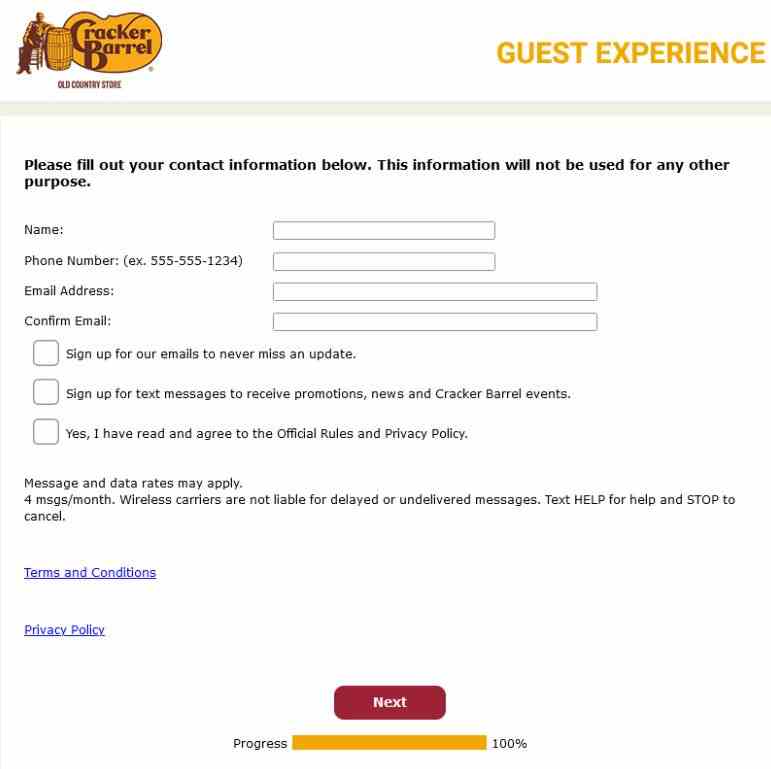 Cracker Barrel Listens Submit contact information (optional)