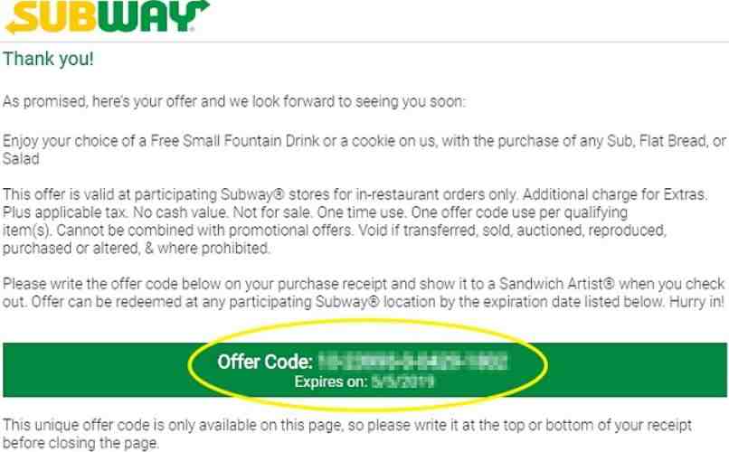 Subway Survey validation code on your receipt and use it