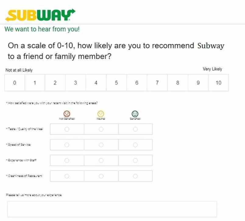 Tell Subway Survey Rate how happy you are with the service