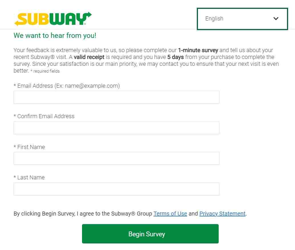 TellSubway Click on Begin Survey to start