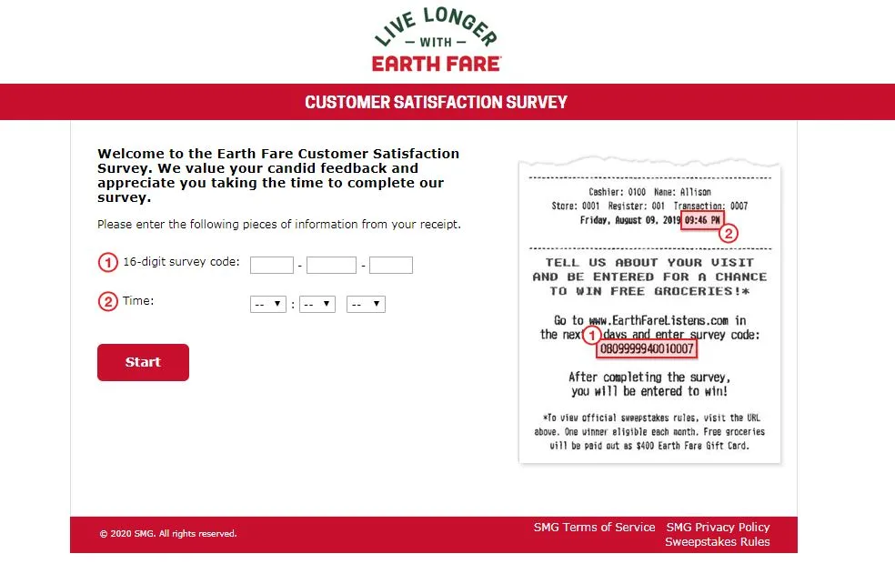 Enter a 16-digit Earth Fare survey code plus the time of visit from your receipt